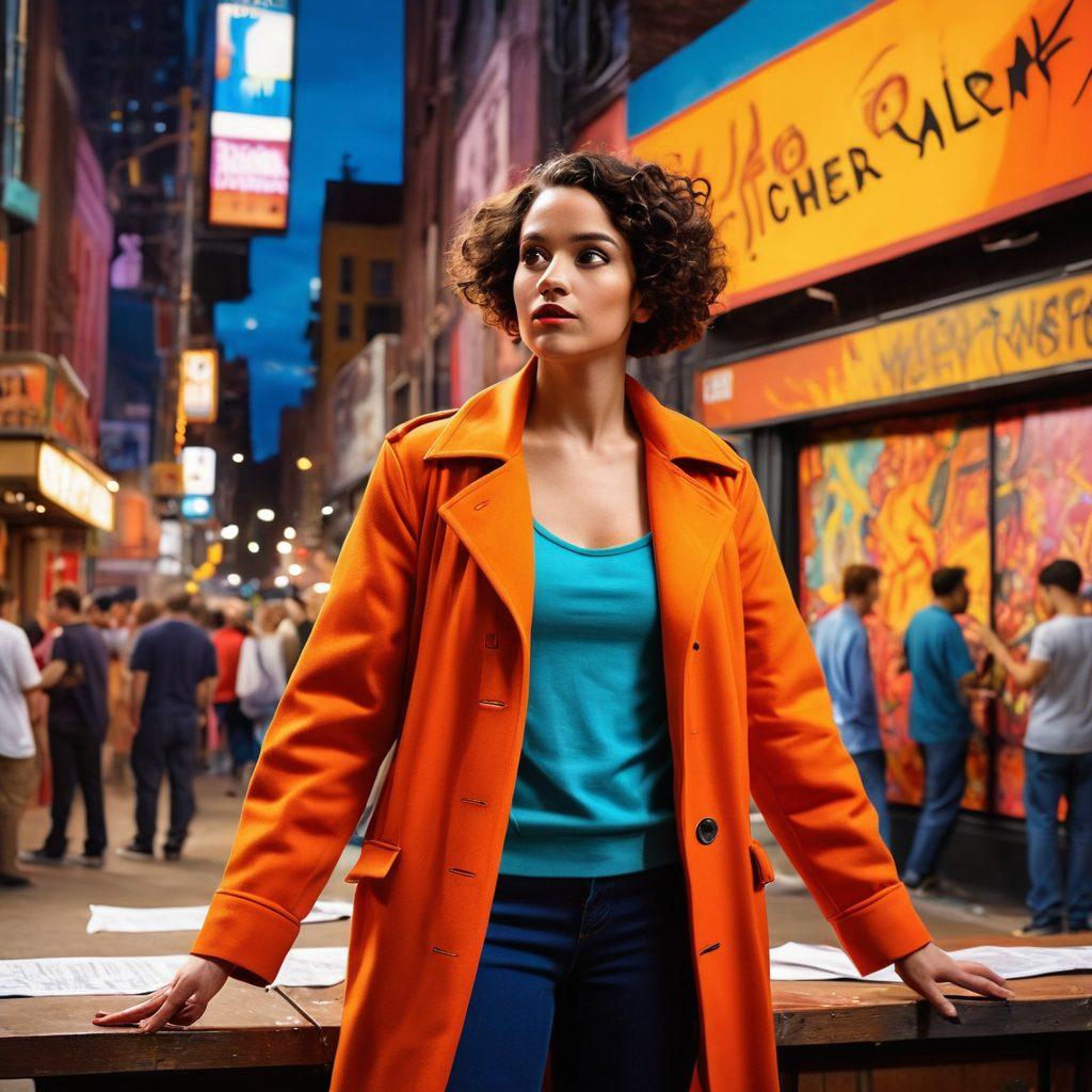 A dynamic composition featuring a graphic novel artist sketching characters in the foreground, transitioning into a vibrant theater stage depicting a dramatic scene from an adult performance. Include elements like colorful costumes, expressive actors, and comic-style speech bubbles. The background should blend urban street art with a theatrical ambiance. super-realistic. vibrant colors. dramatic lighting.