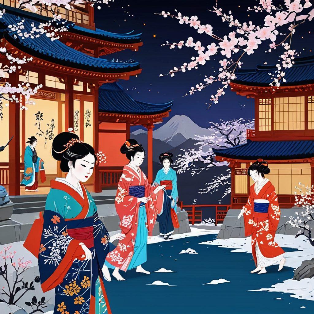 A captivating scene showcasing the fusion of traditional and modern art forms, featuring characters from adult animation in a vibrant cultural setting. Include elements of Japanese ukiyo-e art blended with contemporary animation styles, surrounded by art tools and creative chaos. The background should feature subtle nods to cultural motifs, creating a dialogue between past and present. luminous colors, dynamic composition, surrealism.