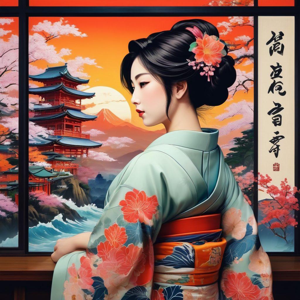 A collage representing the evolution of hentai art, featuring iconic scenes from various eras, blending traditional Japanese ukiyo-e styles with modern digital illustrations. Include diverse characters expressing various emotions, alongside symbols of cultural shifts, such as a digital screen displaying modern interpretations. The backdrop should integrate elements of pop culture and art movements, showcasing the influence on modern sexual expression. vibrant colors. super-realistic. digital art.